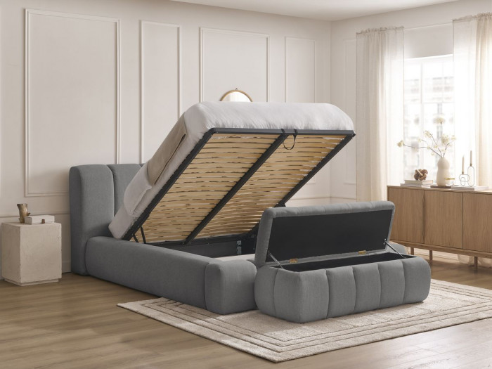 Lit coffre DENALI tissu lisse + Bout de lit DENALI