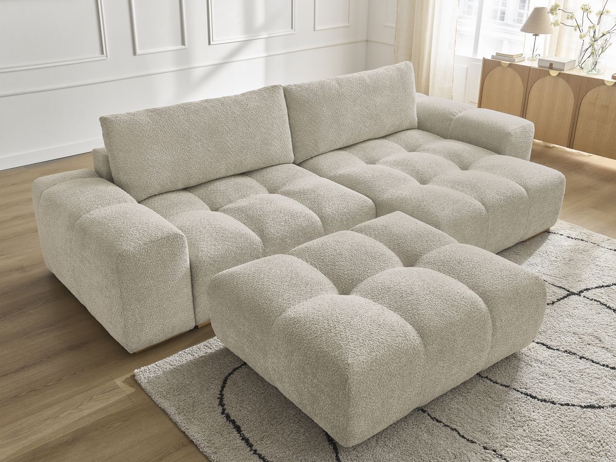 Canapé d'angle réversible ANAKIN tissu bouclette avec pouf