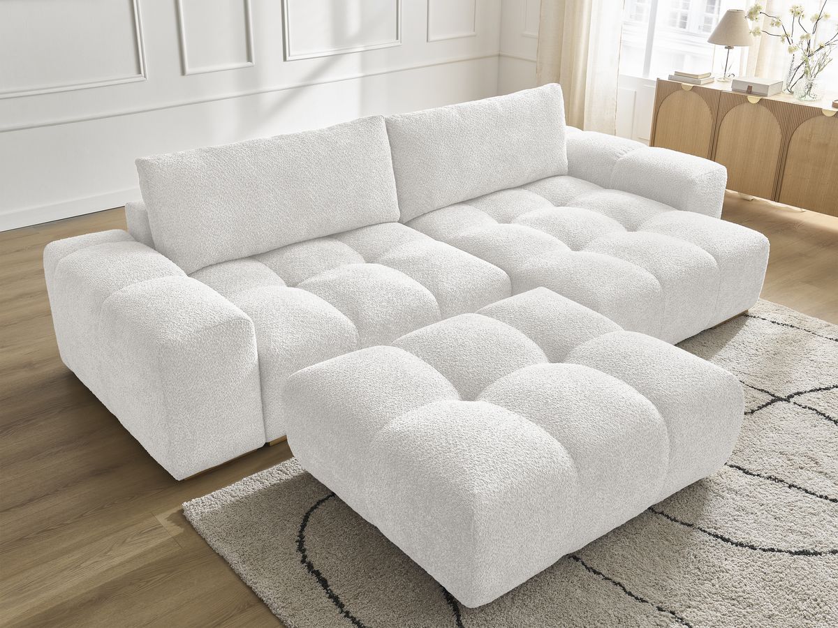 Canapé d'angle réversible ANAKIN tissu bouclette avec pouf