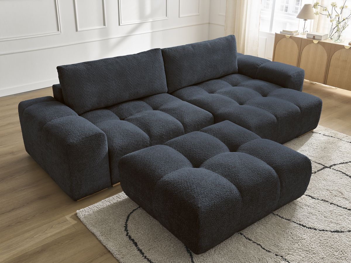 Canapé d'angle réversible ANAKIN tissu bouclette avec pouf