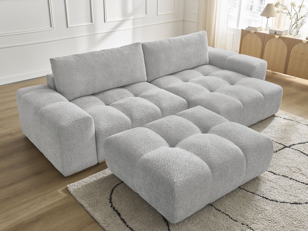 Canapé d'angle réversible ANAKIN tissu bouclette avec pouf