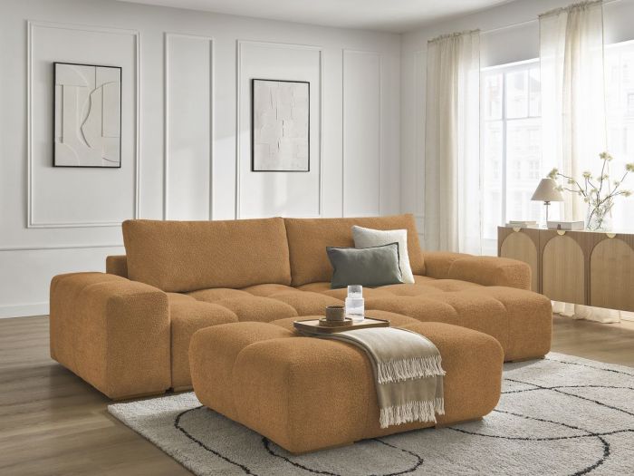 Canapé d'angle réversible ANAKIN tissu bouclette avec pouf