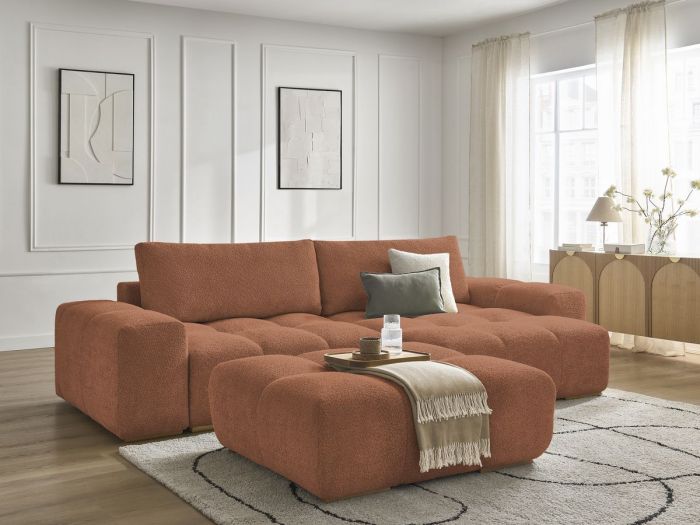 Canapé d'angle réversible ANAKIN tissu bouclette avec pouf