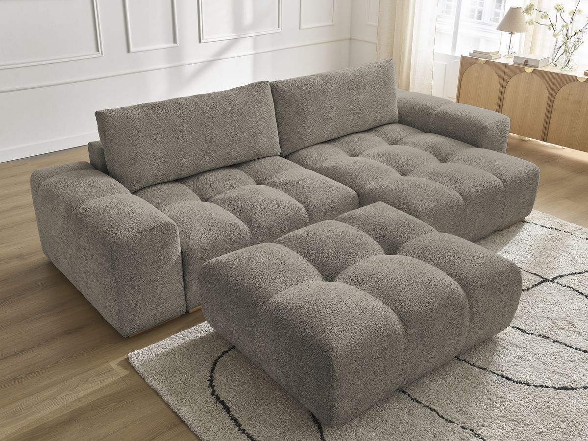 Canapé d'angle réversible ANAKIN tissu bouclette avec pouf