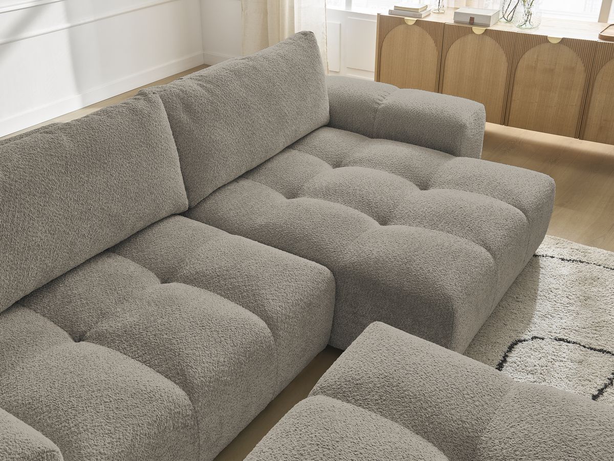 Canapé d'angle réversible ANAKIN tissu bouclette avec pouf