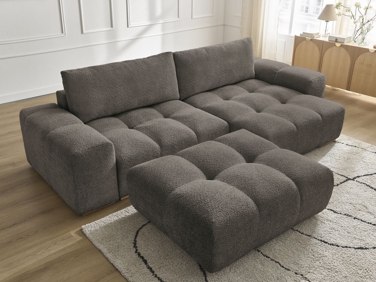 Canapé d'angle réversible ANAKIN tissu bouclette avec pouf