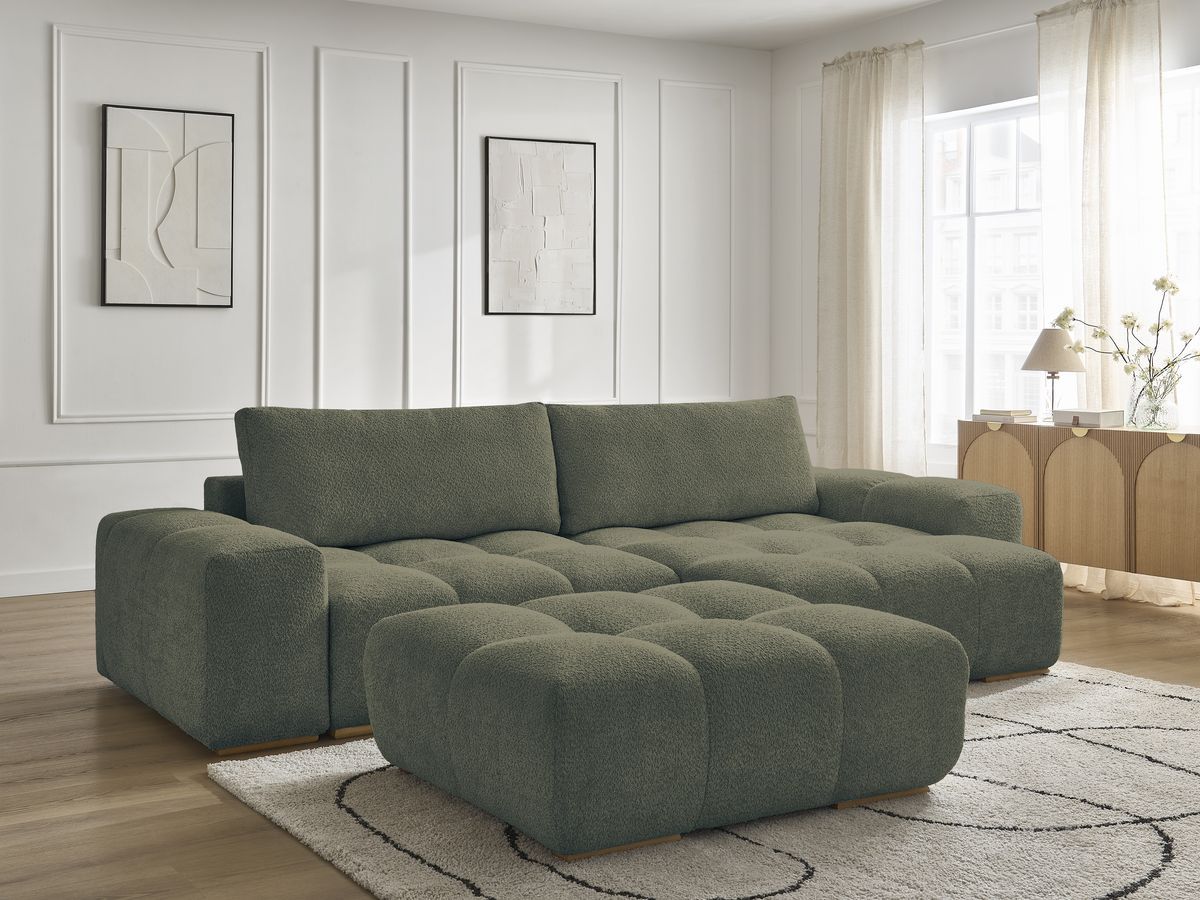 Canapé d'angle réversible ANAKIN tissu bouclette avec pouf