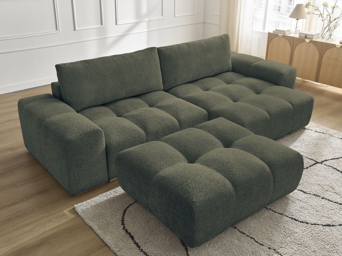 Canapé d'angle réversible ANAKIN tissu bouclette avec pouf