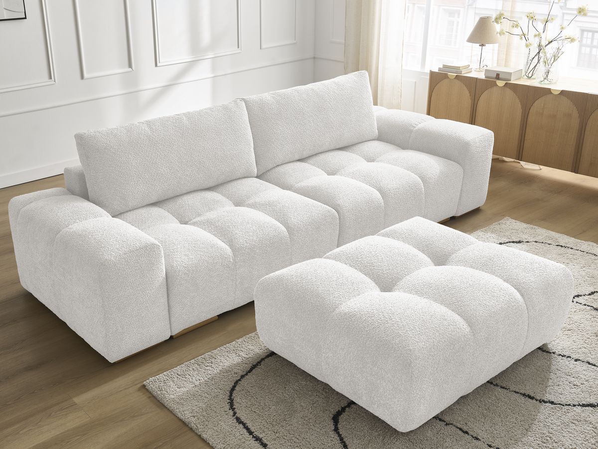 Canapé droit fixe 3 places ANAKIN tissu bouclette avec pouf