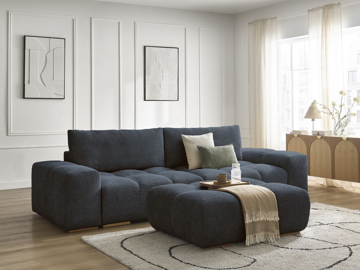 Canapé droit fixe 3 places ANAKIN tissu bouclette avec pouf