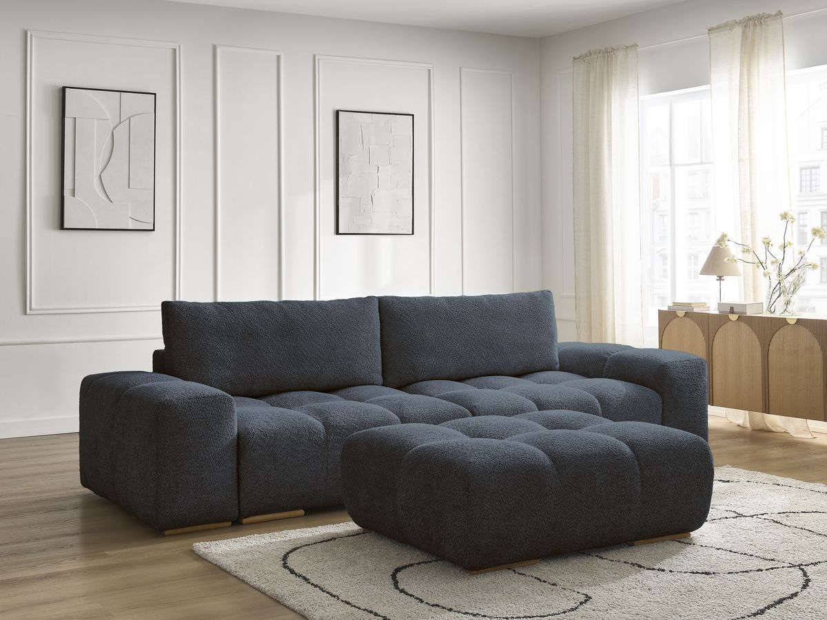 Canapé droit fixe 3 places ANAKIN tissu bouclette avec pouf