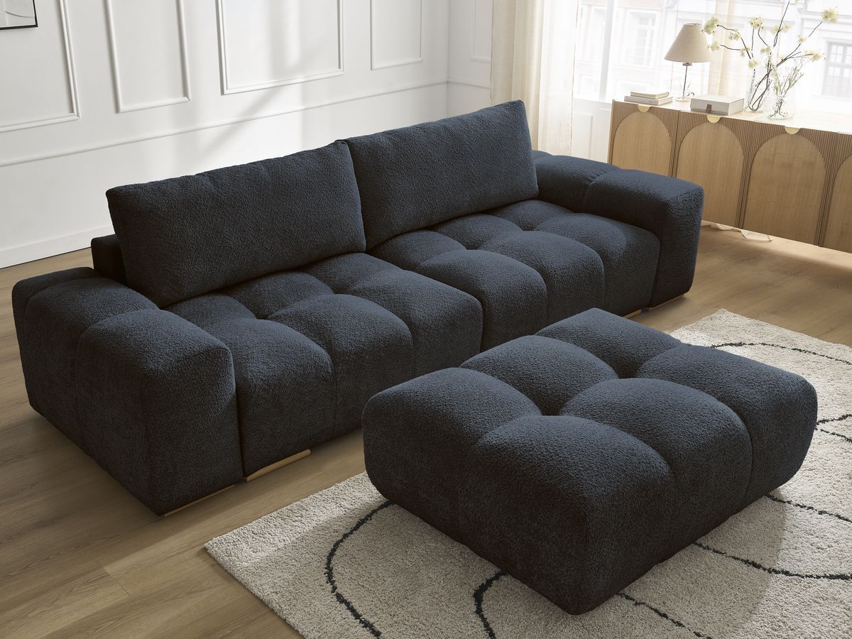 Canapé droit fixe 3 places ANAKIN tissu bouclette avec pouf