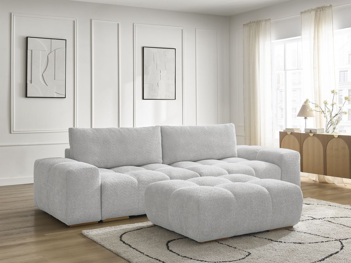 Canapé droit fixe 3 places ANAKIN tissu bouclette avec pouf