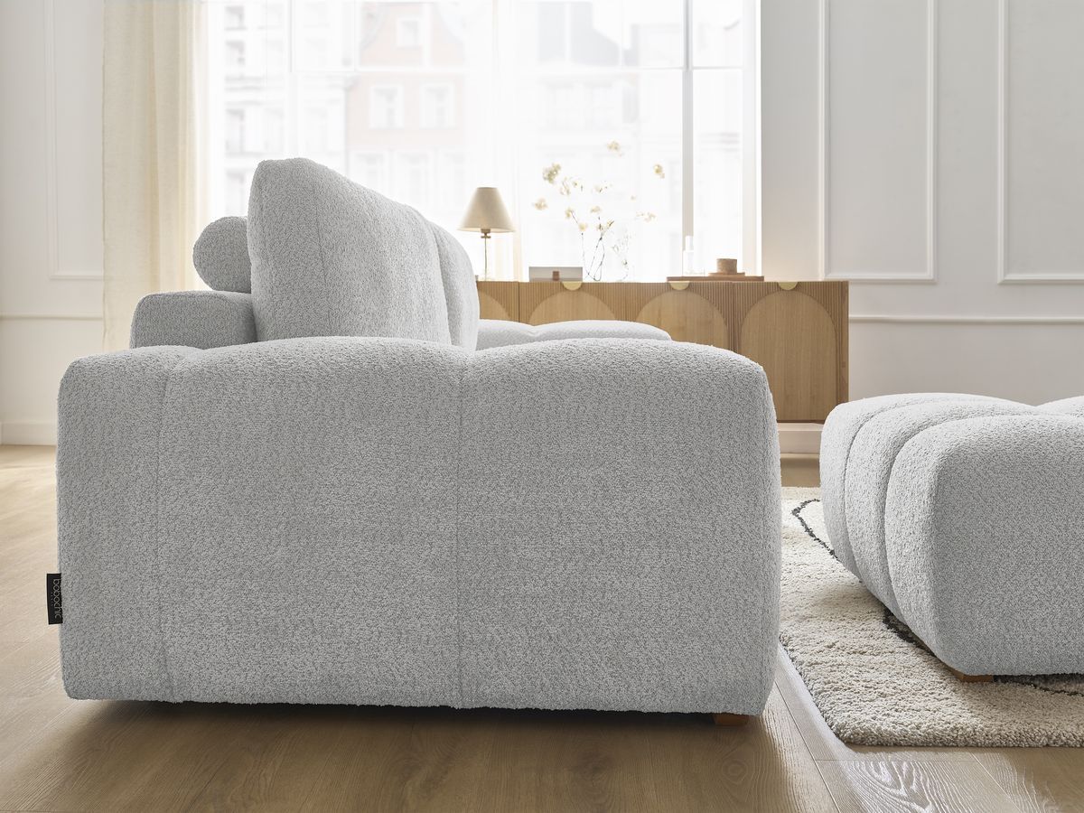 Canapé droit fixe 3 places ANAKIN tissu bouclette avec pouf
