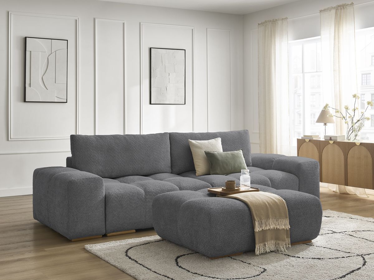 Canapé droit fixe 3 places ANAKIN tissu bouclette avec pouf