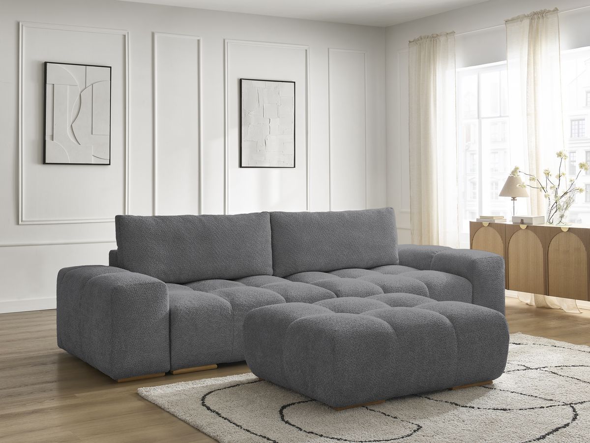 Canapé droit fixe 3 places ANAKIN tissu bouclette avec pouf