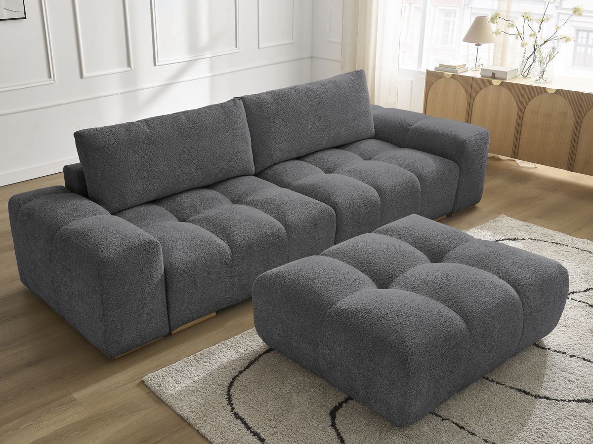 Canapé droit fixe 3 places ANAKIN tissu bouclette avec pouf