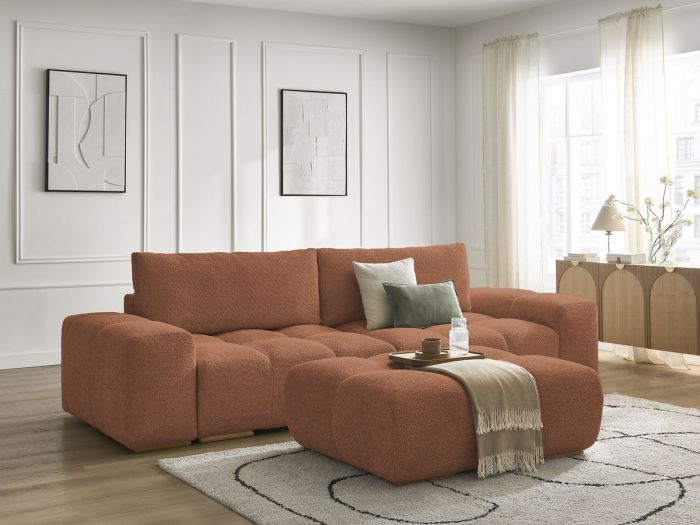 Canapé droit fixe 3 places ANAKIN tissu bouclette avec pouf