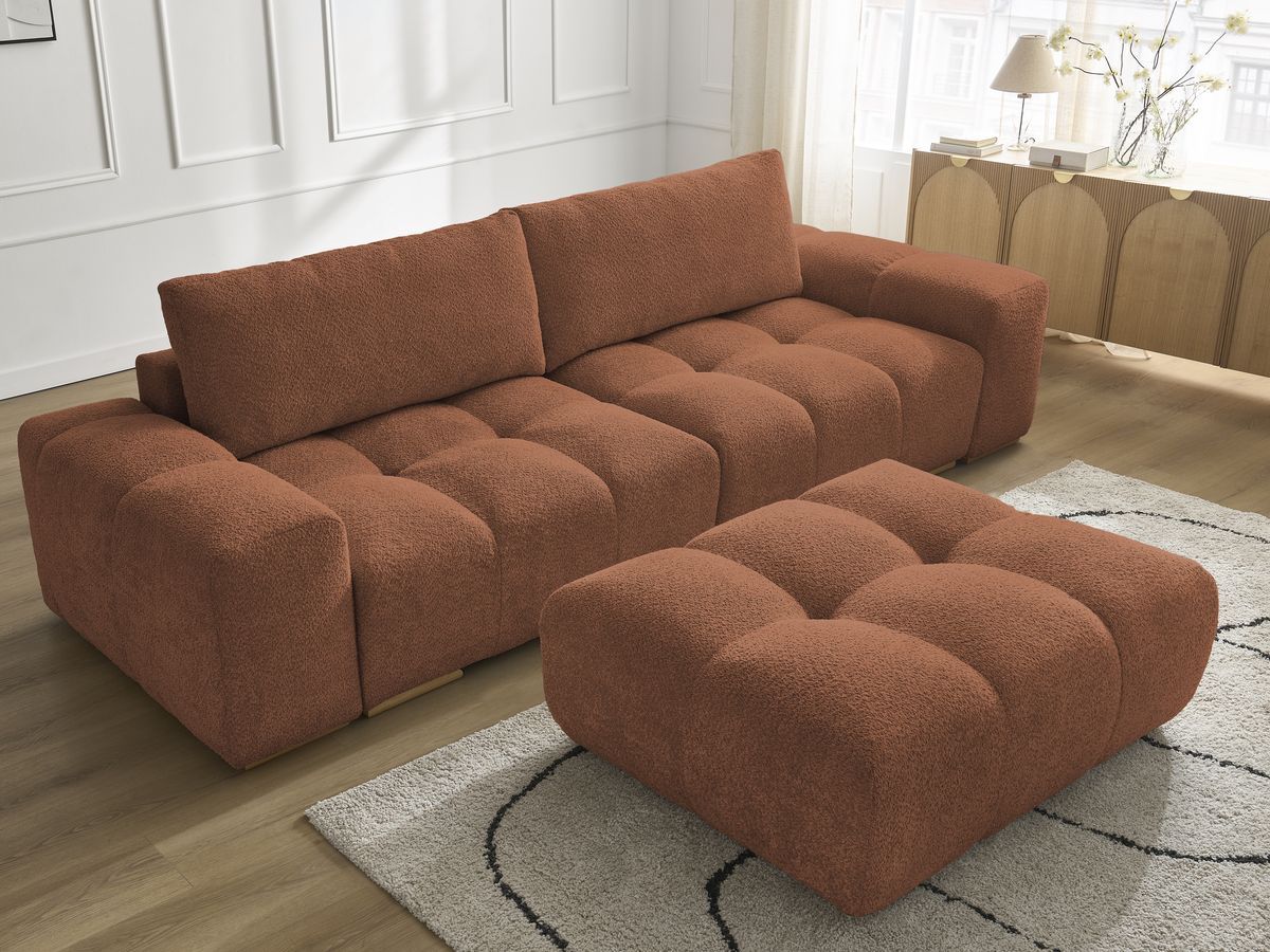 Canapé droit fixe 3 places ANAKIN tissu bouclette avec pouf