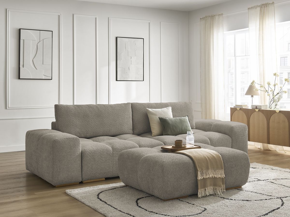 Canapé droit fixe 3 places ANAKIN tissu bouclette avec pouf