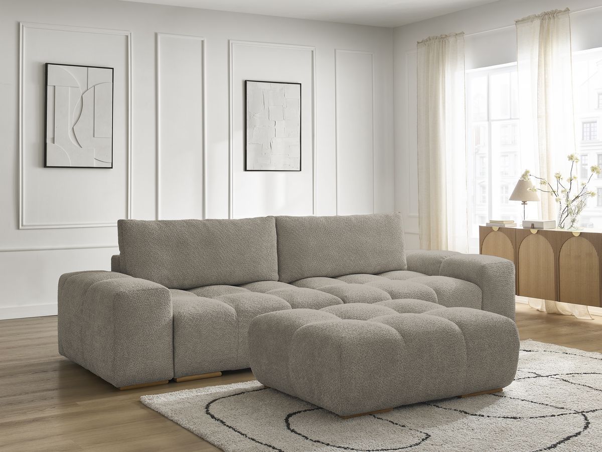 Canapé droit fixe 3 places ANAKIN tissu bouclette avec pouf