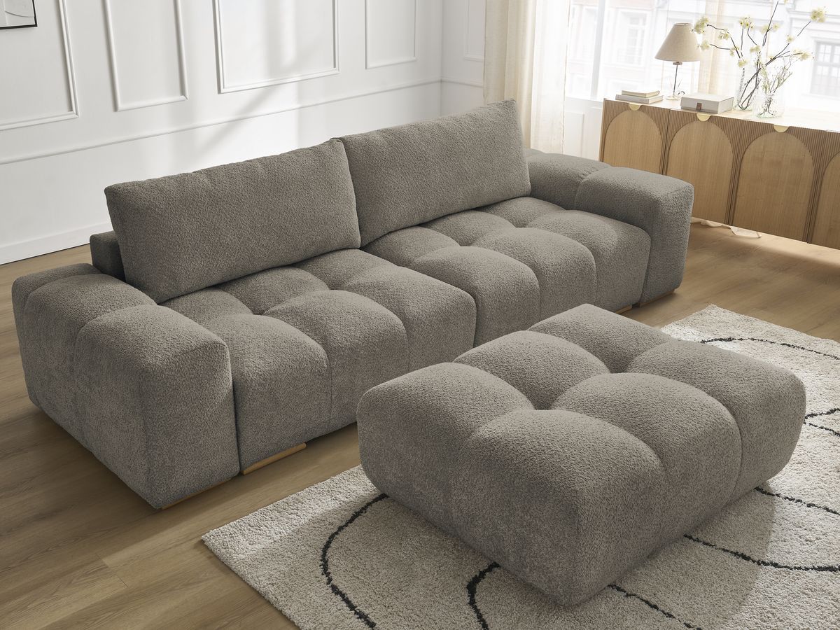 Canapé droit fixe 3 places ANAKIN tissu bouclette avec pouf