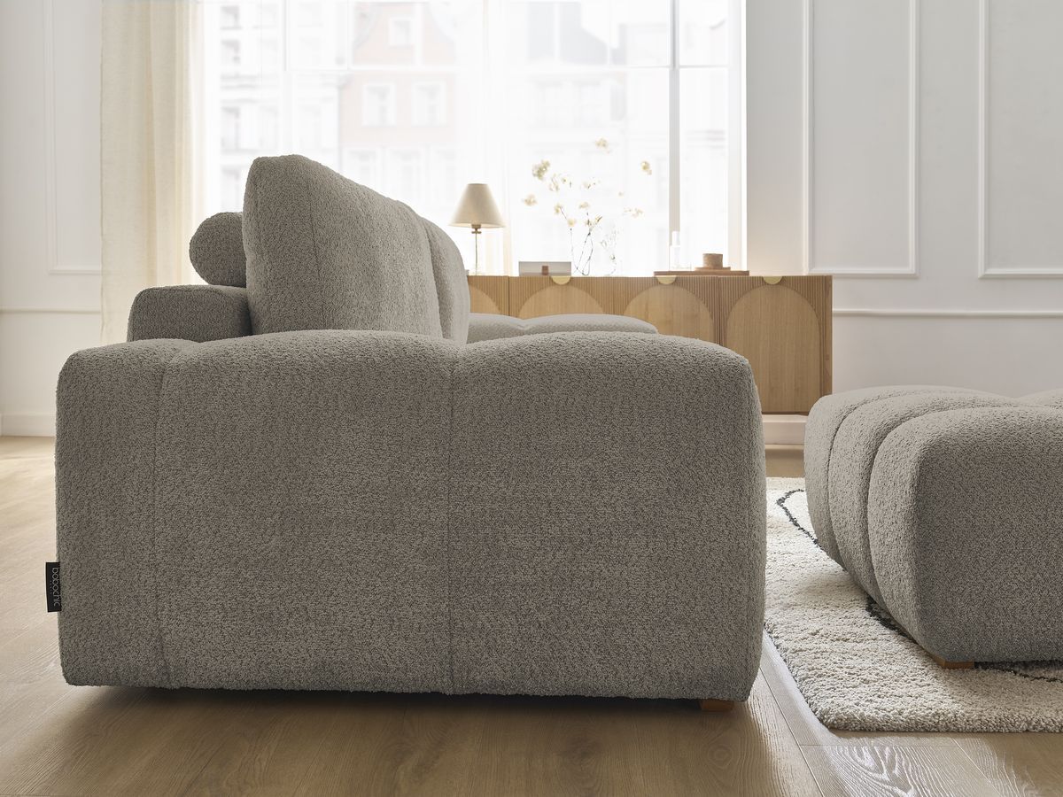 Canapé droit fixe 3 places ANAKIN tissu bouclette avec pouf