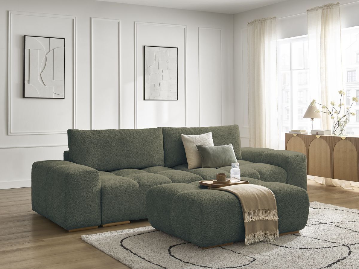Canapé droit fixe 3 places ANAKIN tissu bouclette avec pouf