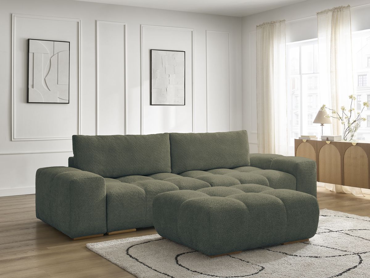 Canapé droit fixe 3 places ANAKIN tissu bouclette avec pouf