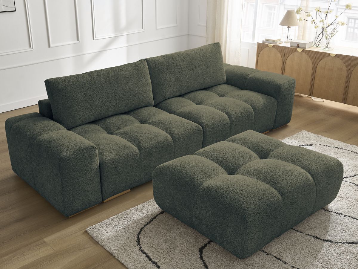 Canapé droit fixe 3 places ANAKIN tissu bouclette avec pouf