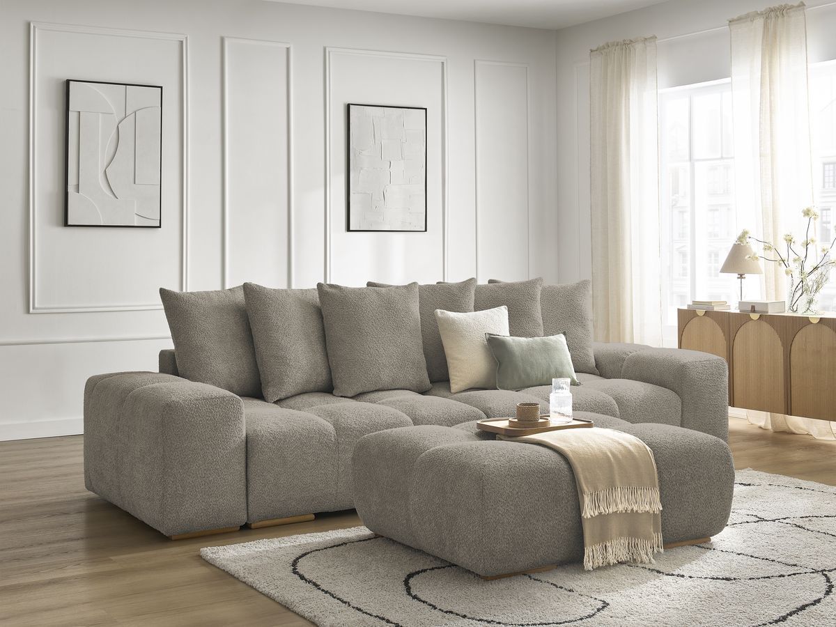 Canapé droit fixe 3 places ANAKIN tissu bouclette avec pouf