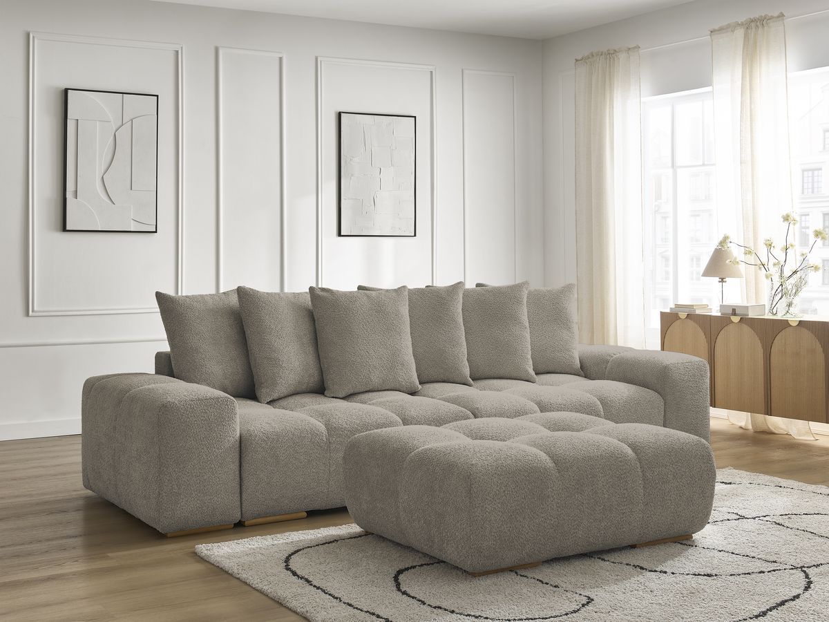 Canapé droit fixe 3 places ANAKIN tissu bouclette avec pouf