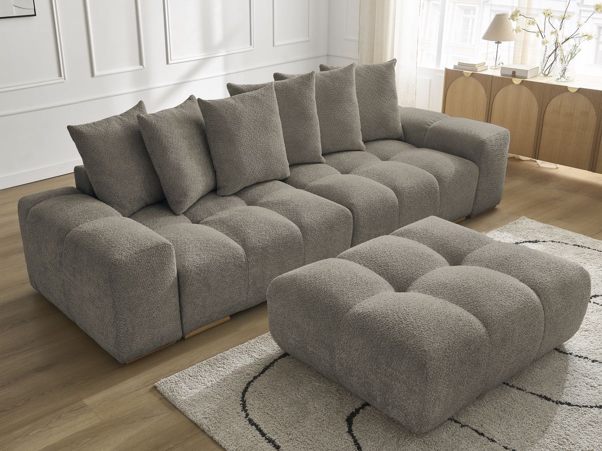 Canapé droit fixe 3 places ANAKIN tissu bouclette avec pouf