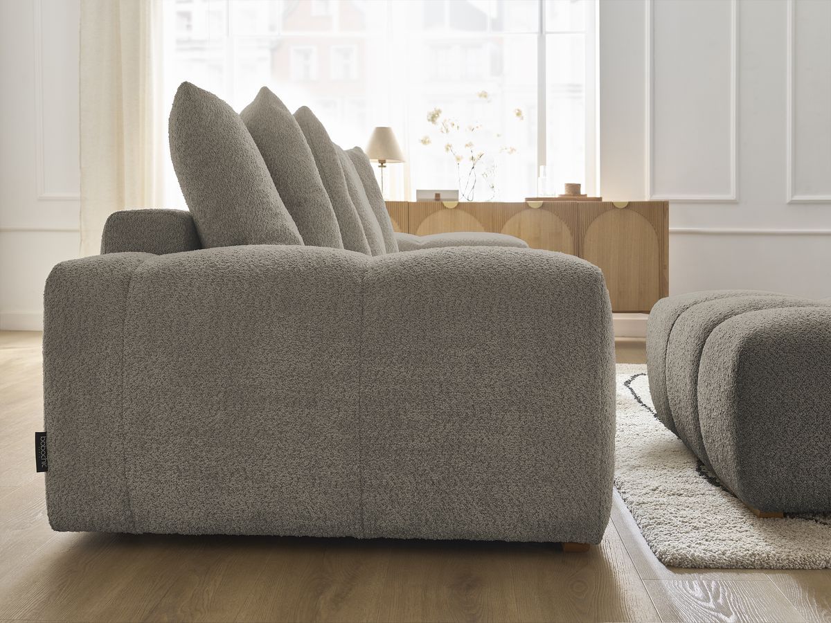 Canapé droit fixe 3 places ANAKIN tissu bouclette avec pouf