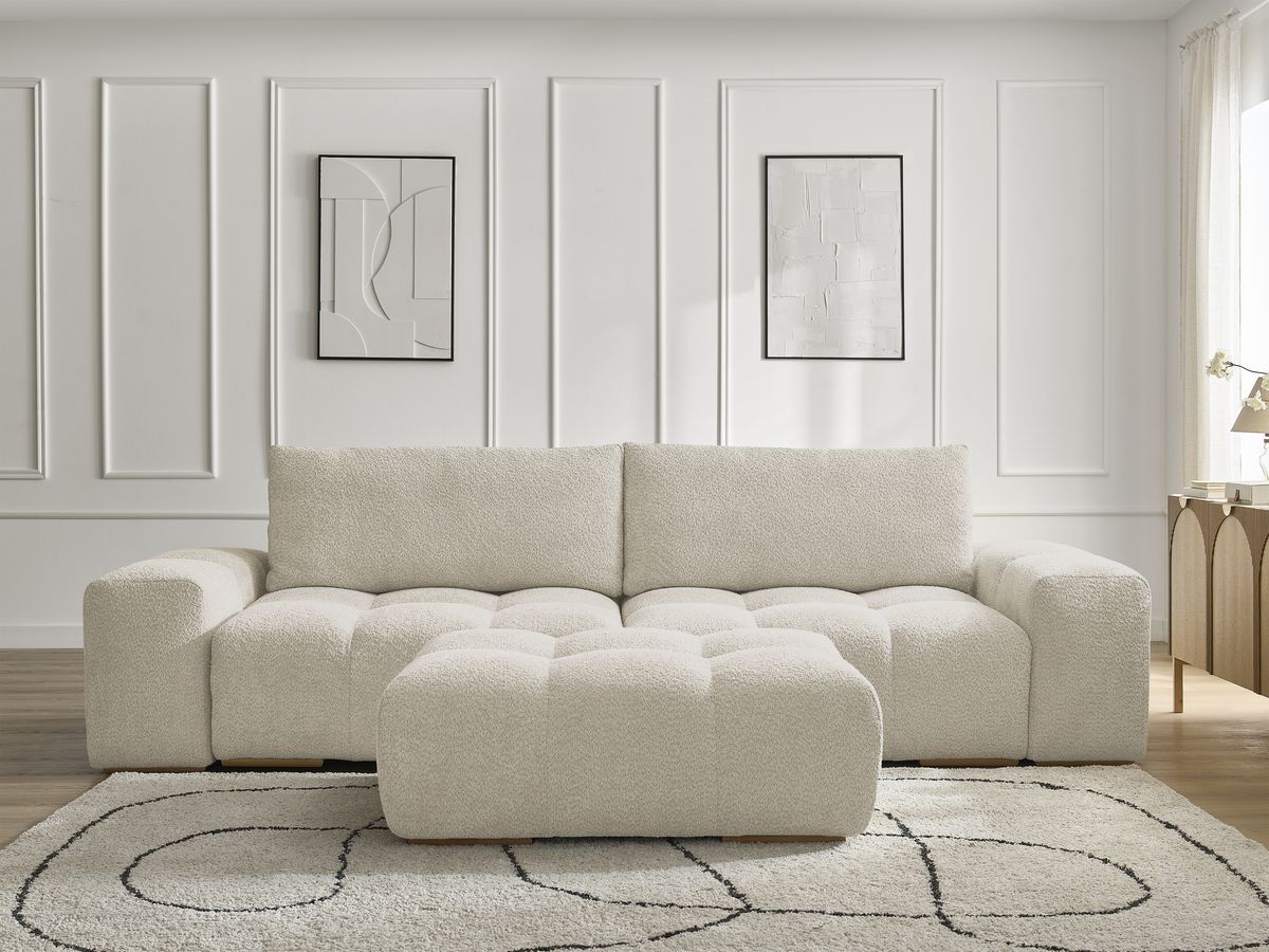 Canapé droit convertible coffre ANAKIN bouclette avec pouf beige — vue 5