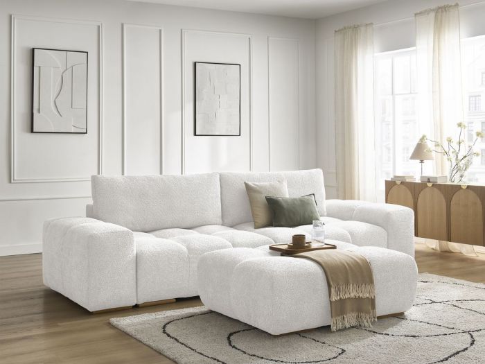 Canapé droit convertible coffre ANAKIN tissu bouclette avec pouf