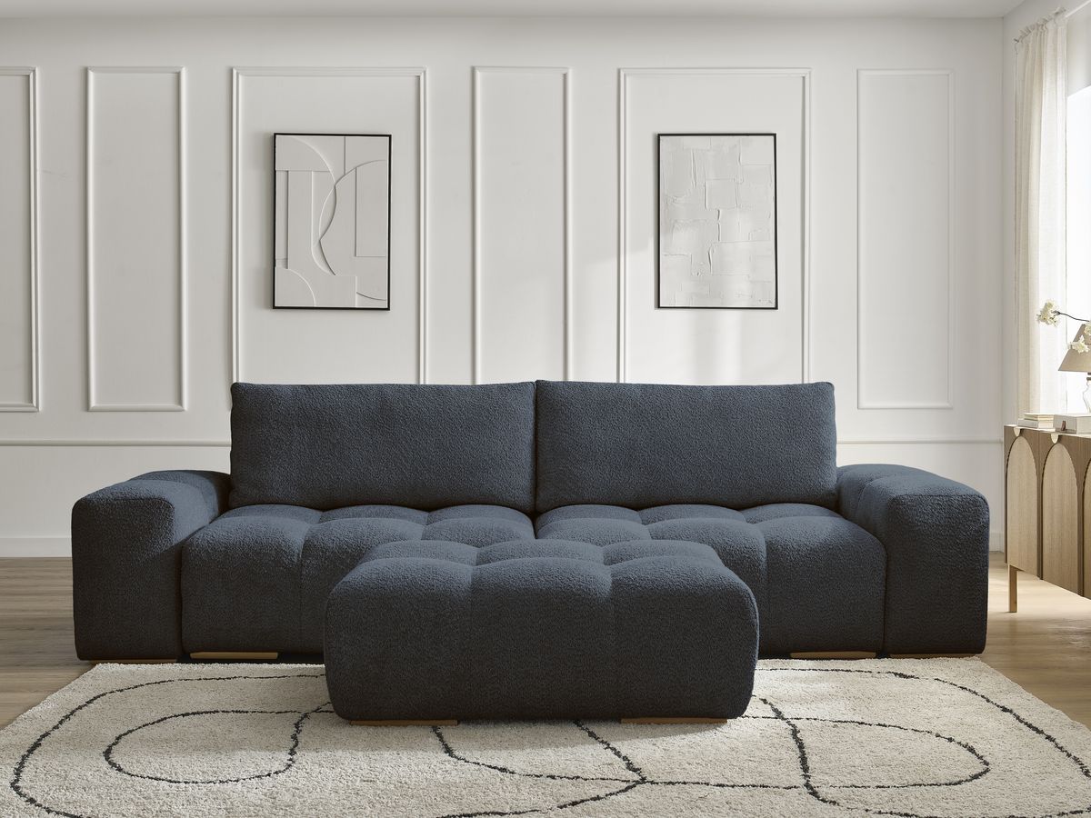 Canapé droit convertible coffre ANAKIN bouclette avec pouf bleu foncé — vue 5