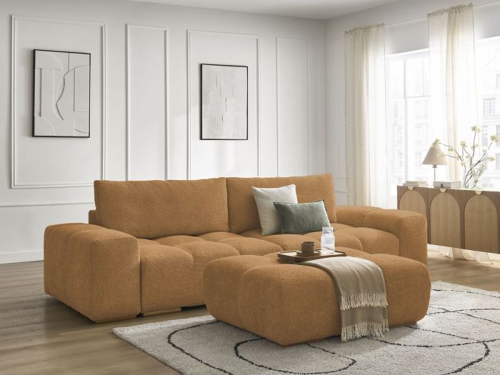 Canapé droit convertible coffre ANAKIN tissu bouclette avec pouf