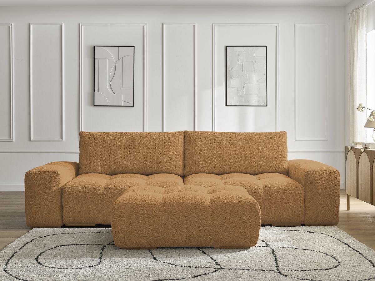 Canapé droit convertible coffre ANAKIN bouclette avec pouf jaune — vue 5