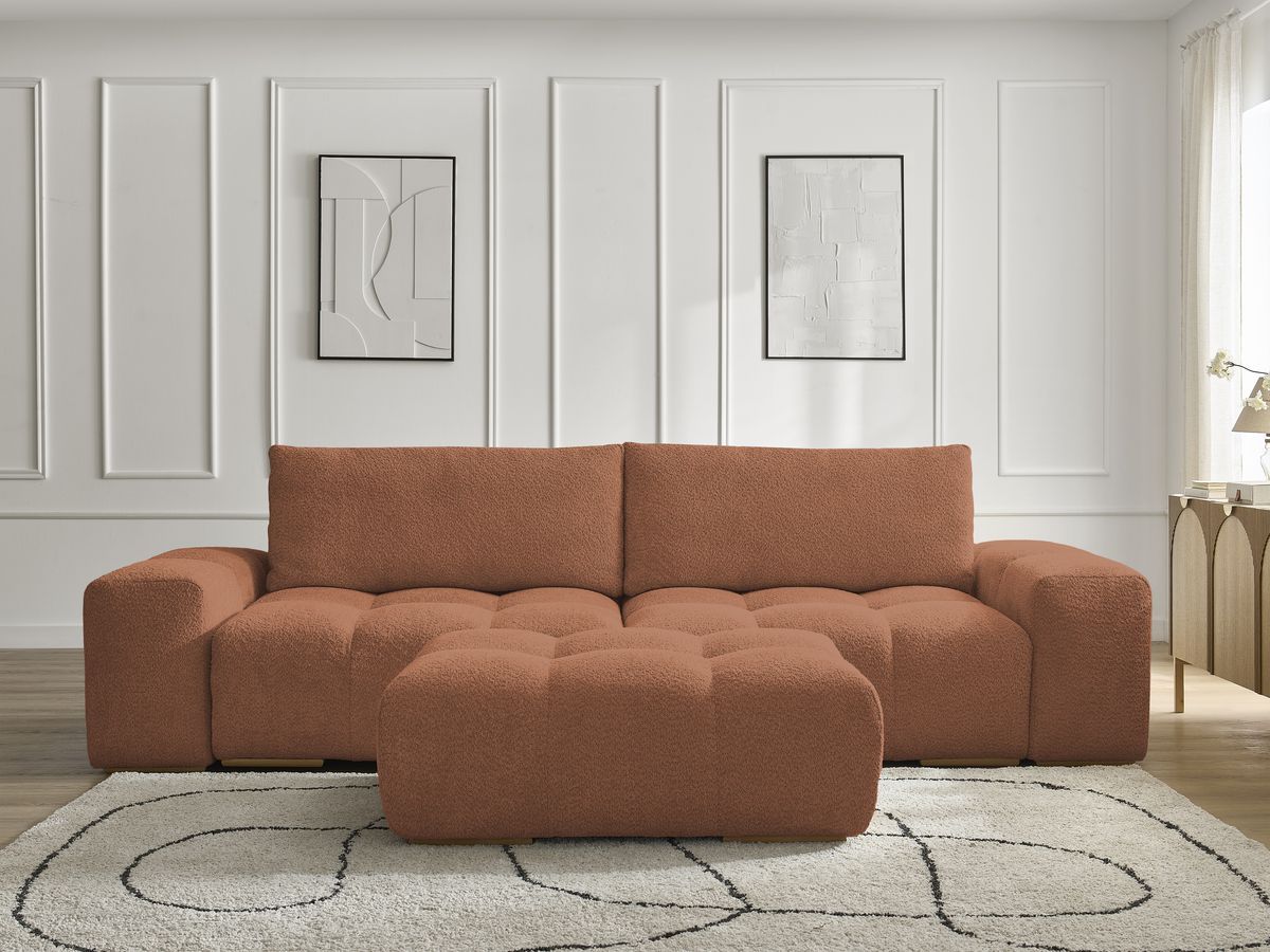 Canapé droit convertible coffre ANAKIN bouclette avec pouf orange — vue 5