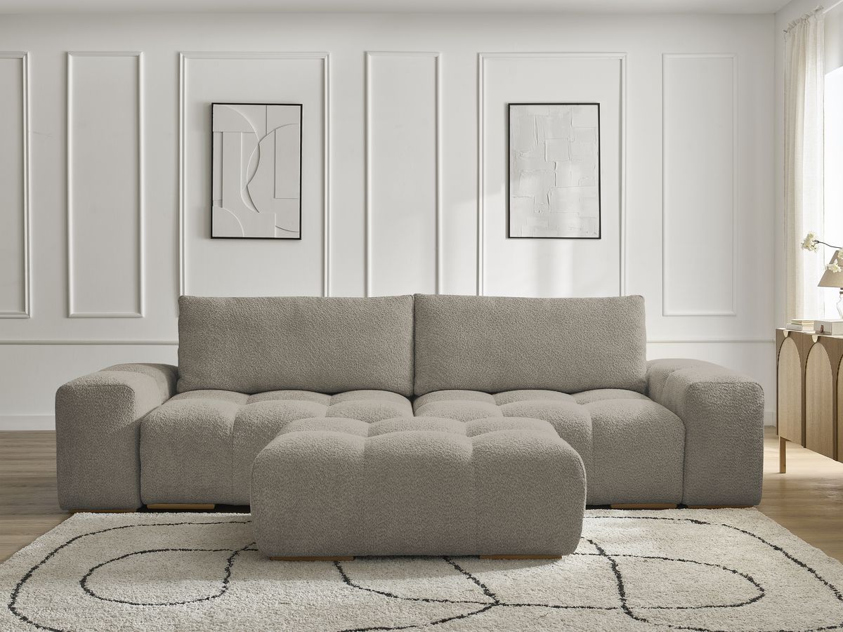 Canapé droit convertible coffre ANAKIN bouclette avec pouf taupe — vue 5