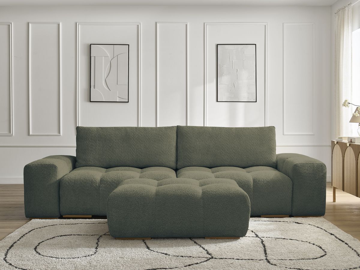 Canapé droit convertible coffre ANAKIN bouclette avec pouf vert — vue 5