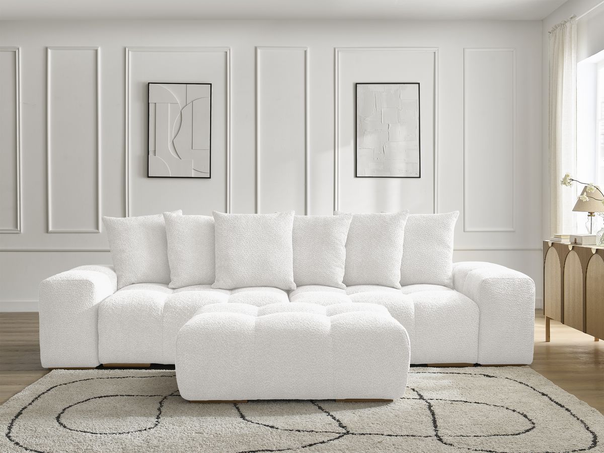 Canapé droit convertible coffre ANAKIN bouclette avec pouf blanc — vue 5