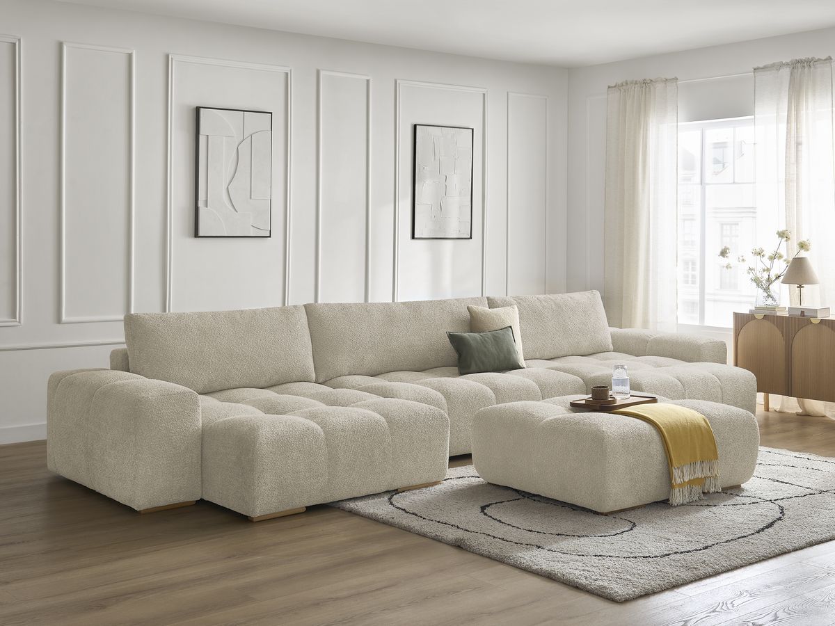 Canapé panoramique convertible coffre ANAKIN tissu bouclette avec pouf