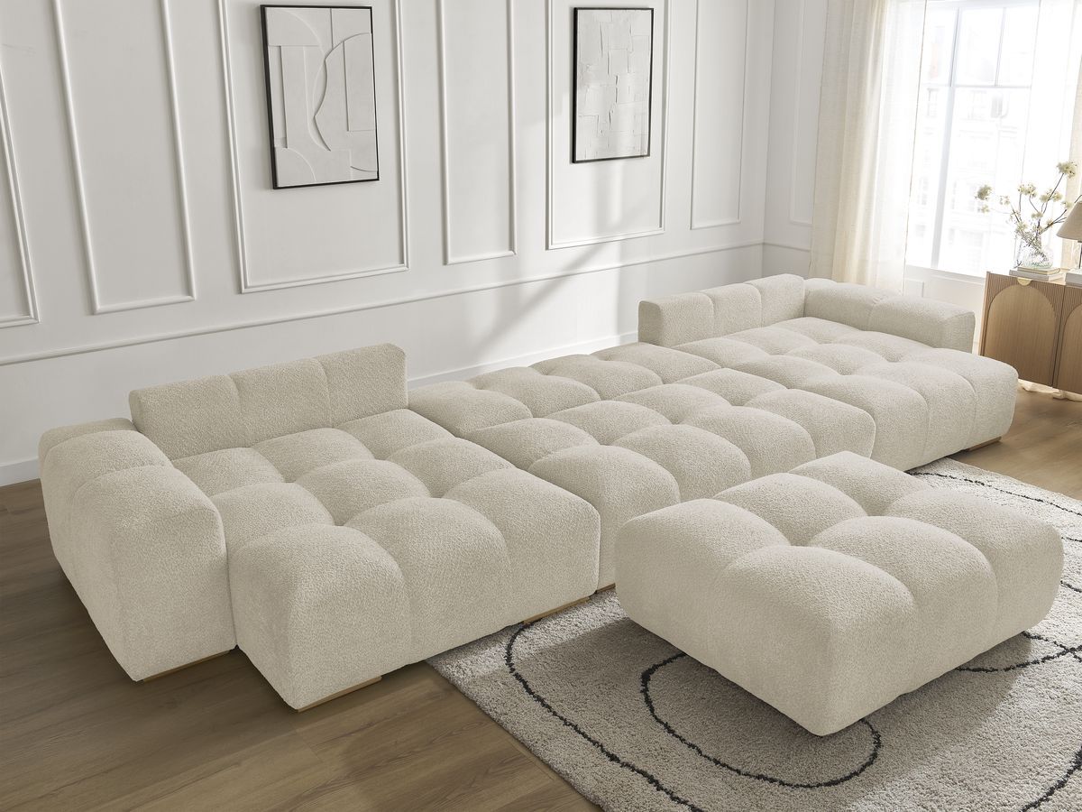 Canapé panoramique convertible coffre ANAKIN tissu bouclette avec pouf