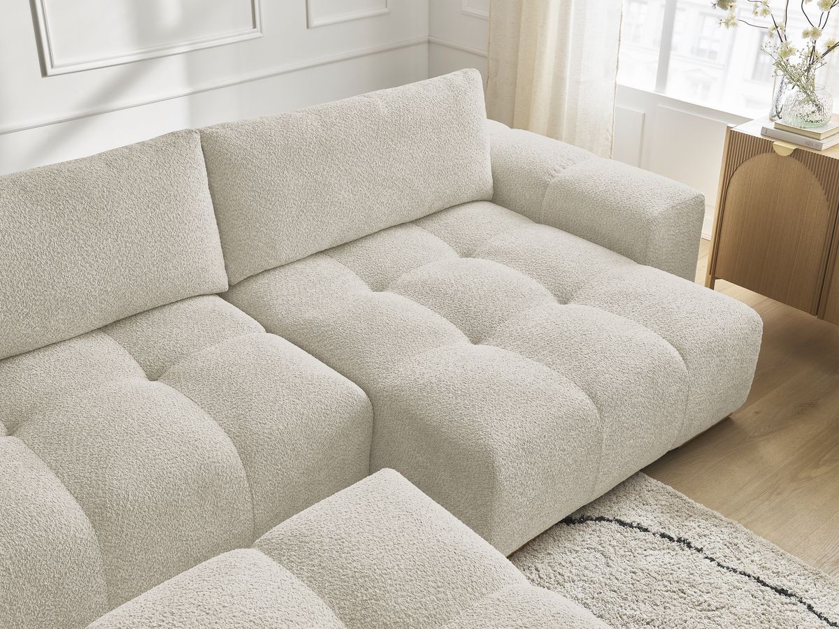 Canapé panoramique convertible coffre ANAKIN tissu bouclette avec pouf