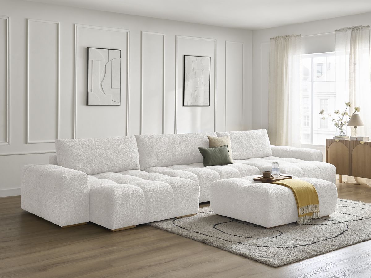 Canapé panoramique convertible coffre ANAKIN tissu bouclette avec pouf
