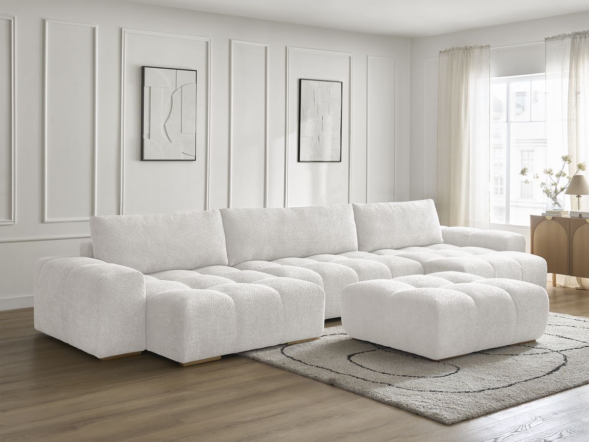 Canapé panoramique convertible coffre ANAKIN tissu bouclette avec pouf