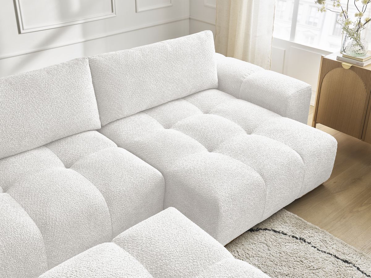 Canapé panoramique convertible coffre ANAKIN tissu bouclette avec pouf