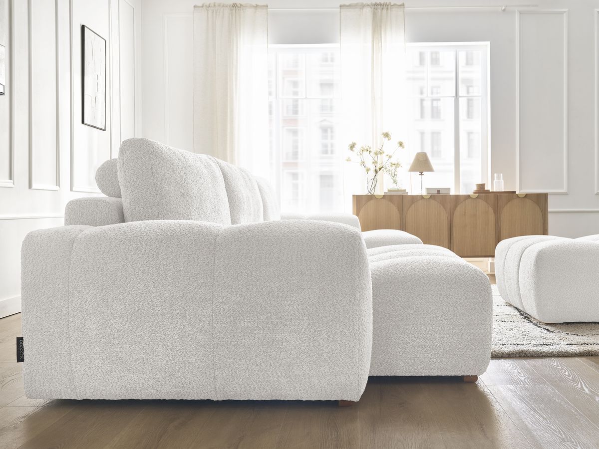 Canapé panoramique convertible coffre ANAKIN tissu bouclette avec pouf